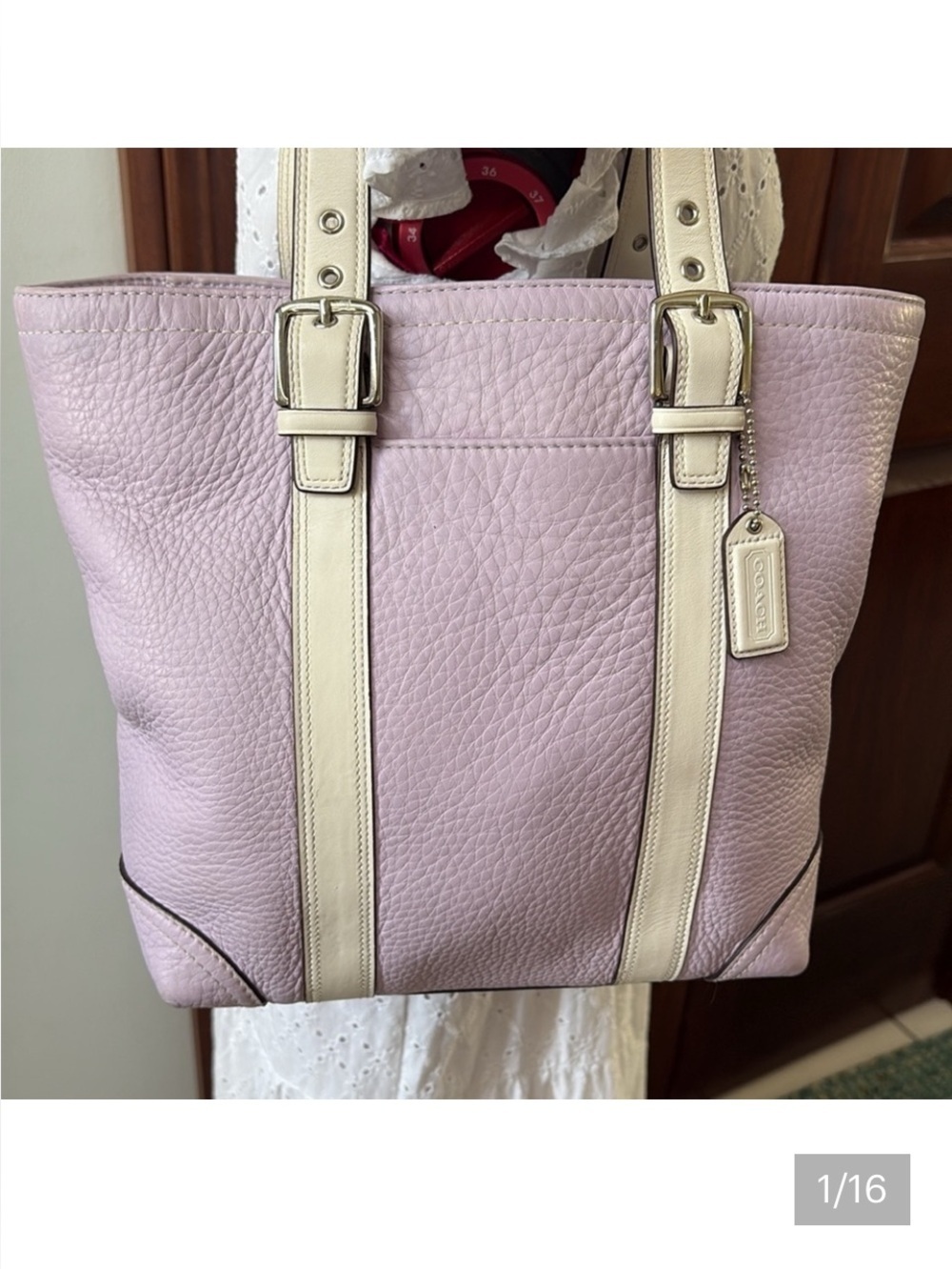 Coach  Hampton tote bag  F10692 shoulder bag  pebbled leather  Violet/white VEUC